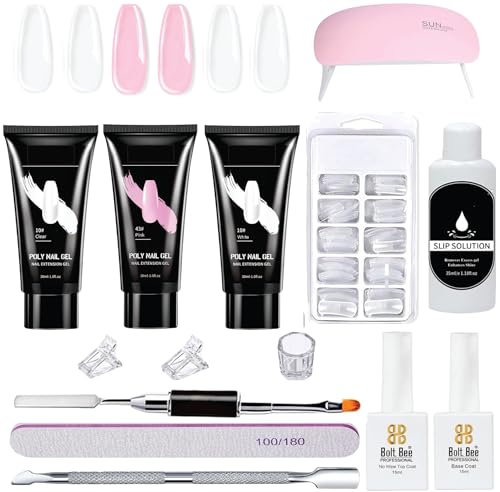 Poly Nail Gel Extension 13 Pc Kit | White/Pink/Clear Poly Gel, Nail Tip, Slip Solution