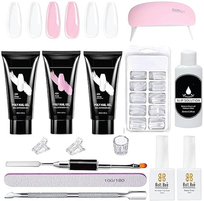 Poly Nail Gel Extension 13 Pc Kit | White/Pink/Clear Poly Gel, Nail Tip, Slip Solution